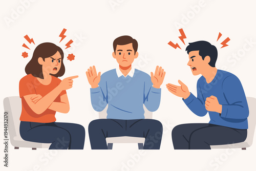Vector illustration of a couple having a heated argument and shouting at each other during a marriage counseling session while a professional mediator tries to calm them down and resolve conflict.