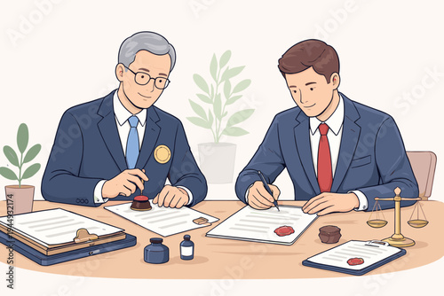 Professional vector illustration of a notary public and businessman signing and certifying legal documents with wax seals and stamps in a law office, representing contract law and justice.
