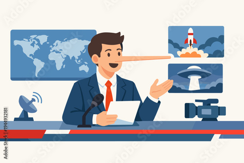 Vector illustration of a news presenter with a long liar nose reporting false media information on television, concept of fake news, disinformation, and media manipulation in a news studio.