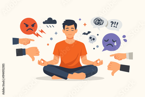 Calm Man Meditating in Lotus Pose Ignoring Negative Vibes, Unjustified Criticism, and Toxic Comments. Flat Vector Illustration of Mindfulness, Mental Health, Inner Peace, and Emotional Resilience.