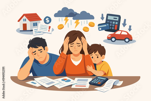 Stressed Young Family Feeling Frustrated by Mortgage and Financial Bills, Father Mother and Child Worried About Debt, Bankruptcy, and Economic Crisis, Flat Vector Illustration of Money Problems