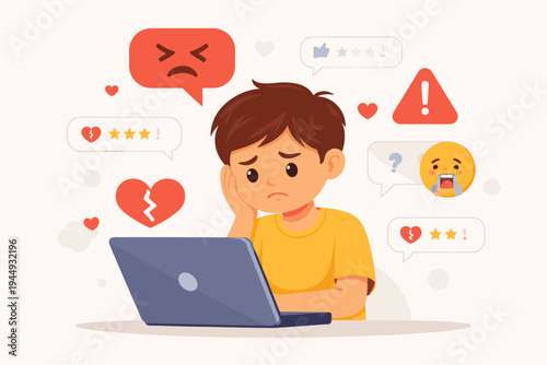 Sad Boy Receiving Negative Feedback and Cyberbullying Online on Laptop, Flat Vector Illustration of Child Facing Social Media Harassment, Hate Speech, and Mental Health Issues on Internet.