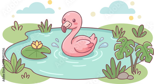Cute Pink Flamingo Swimming in Pond with Lily Pads – Cartoon Animal Vector Illustration