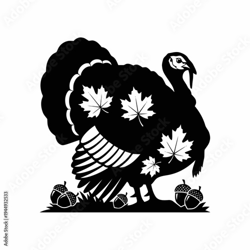 A large male turkey silhouette decorated with autumn maple leaves stands on patchy grass surrounded by several small acorns.