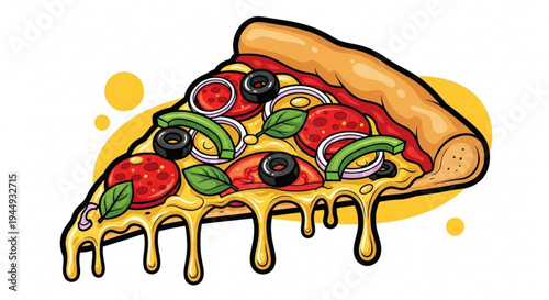 Delicious slice of pizza with melted cheese and various toppings on a white background