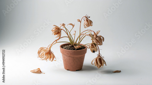 wilted plant in a clay pot on a plain white background