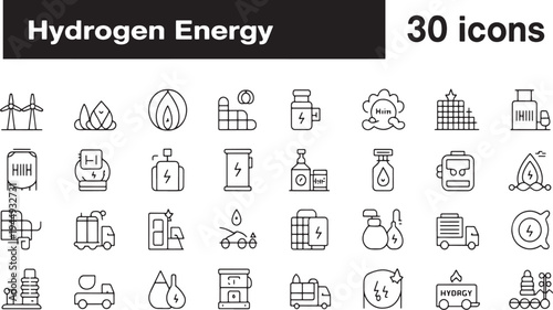 Collection of 30 line representing hydrogen energy concepts and technologies renewable energy