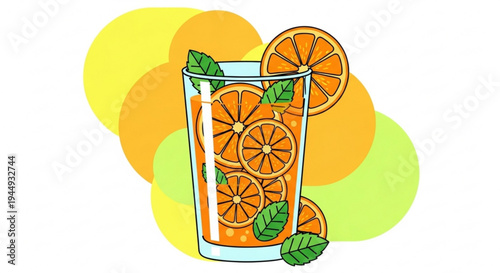 Fresh orange slices in a glass with green leaves and colorful background