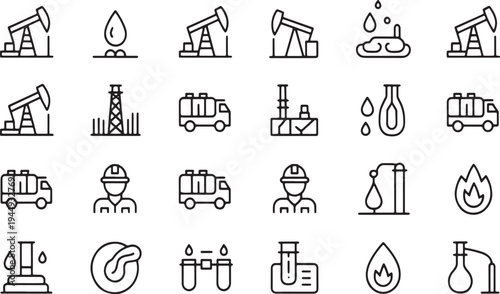 Collection of black and white line representing the oil and gas industry and related concepts