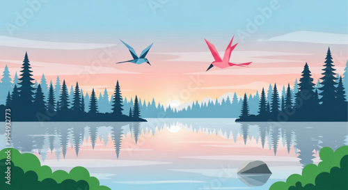 Serene lake scene with cranes flying over trees at sunset reflecting on calm water surface