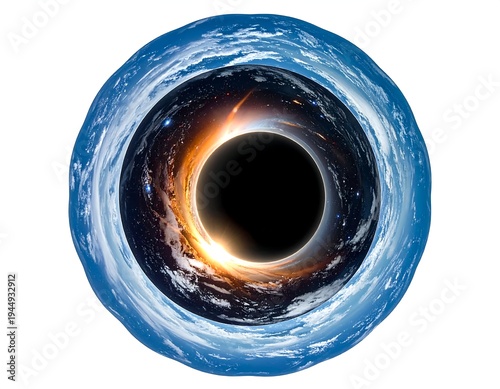 Black hole inside a globe of the Earth. Stars and light swirl around the center, ringed by a planet