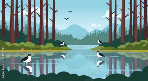 Serene lake scene with birds in a forest landscape reflecting trees and mountains under a blue sky with flying birds