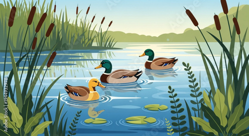 Three ducks swimming on serene pond with lily pads and cattails in natural setting