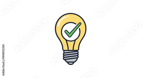 Yellow light bulb with green checkmark symbolizing idea validation and innovation concept