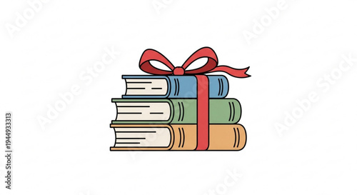 Stack of colorful books tied with a red ribbon on top symbolizing gift giving and education