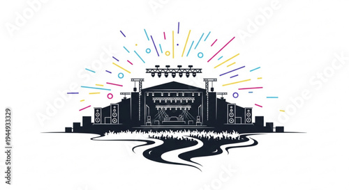 Vibrant cityscape with modern building and colorful lights at night near winding river