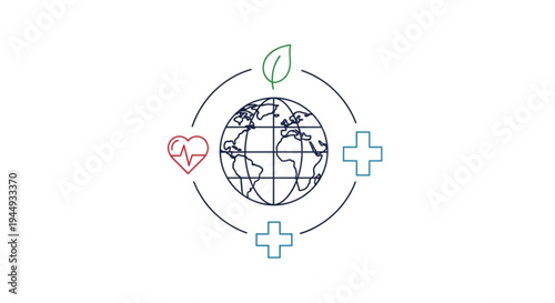 Earth with leaf heart rate and medical cross symbols representing global health and wellness