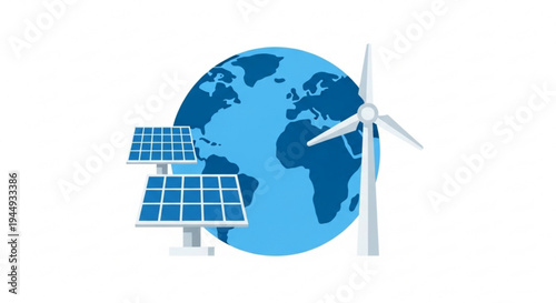 Renewable energy sources around the globe with solar panels and wind turbine for sustainable power generation