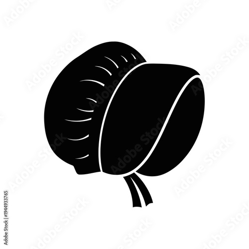 Black silhouette of a vintage bonnet or sun hat with ruffled edges and tied ribbons shown in profile view.