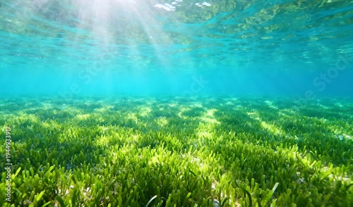 Underwater scene of vibrant green seagrass beds bathed in dappled sunlight from above