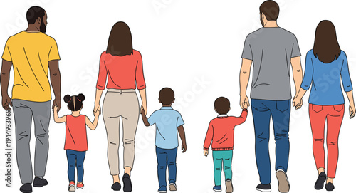 Rear view of two diverse families with children walking together and holding hands isolated on white background flat vector illustration.