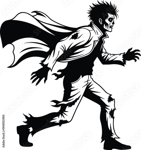 Running zombie superhero silhouette vector illustration with tattered clothes and flowing cape for horror comic books halloween branding and edgy streetwear graphic design