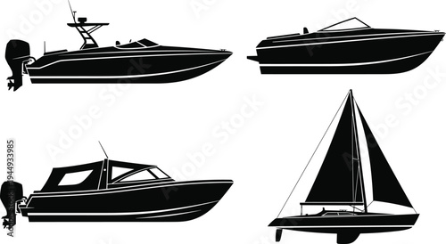 Set of black boat silhouettes including modern motorboats, high-speed powerboats, luxury yachts, and elegant sailing boats isolated on a white background.