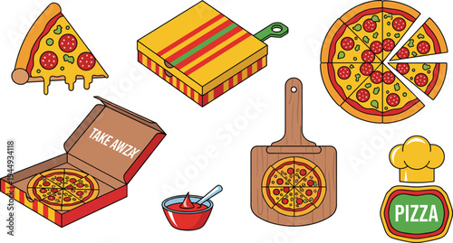 Pizza Food Collection Featuring Slices, Whole Pizza, Pizza Box, Pizza Cutter Board, Sauce Bowl, and Italian Restaurant Badge