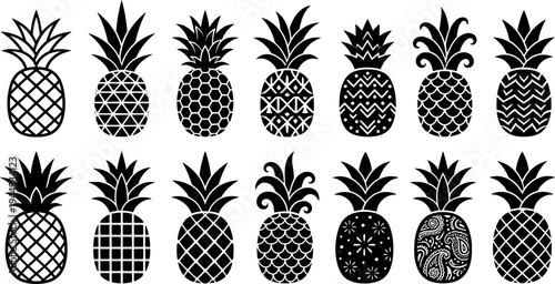 Simplified pineapple icon. Symbol of tropical fruit: black silhouette, outline lines, and dashed line. Five style variations.
