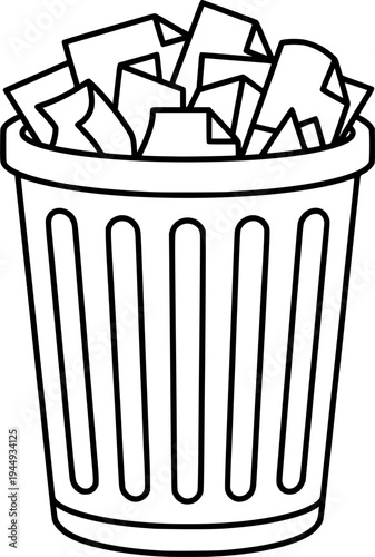 Waste basket or office trash can in one line art style. Drawing with editable black stroke on a white background.
