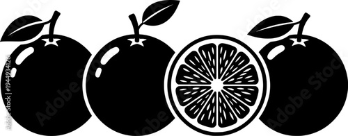 Orange icon. Citrus fruit with a leaf: black silhouette and outline lines, isolated on a white background.

