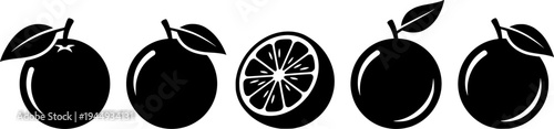 Orange icon. Citrus fruit with a leaf: black silhouette and outline lines, isolated on a white background.
