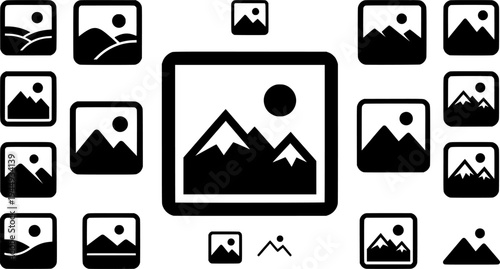 Image icon. Landscape pictogram with mountains and sun in a square frame. Three variations of outline line styles of different thicknesses.
