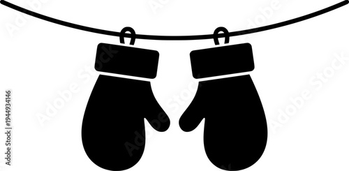 A pair of warm mittens connected by a string on a horizontal line. Drawing in one line art style with black stroke.
