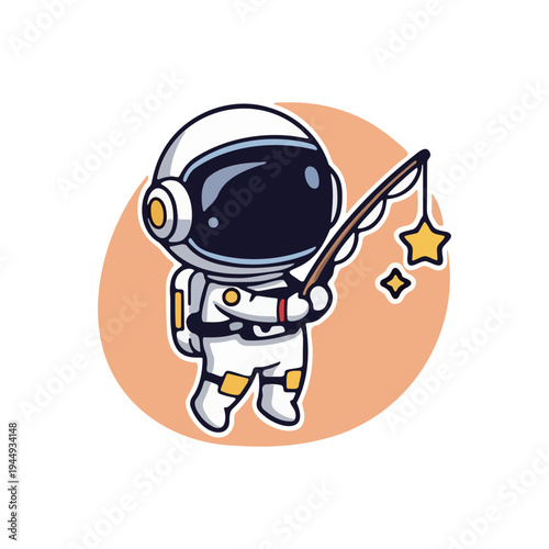 Cute Cartoon Astronaut Character Fishing for Stars in Space, Isolated Vector Illustration on Orange Background