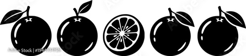 Orange icon. Citrus fruit with a leaf: black silhouette and outline lines, isolated on a white background.
