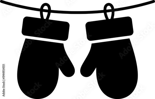 A pair of warm mittens connected by a string on a horizontal line. Drawing in one line art style with black stroke.
