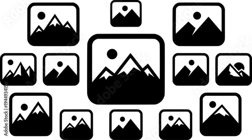 Image icon. Landscape pictogram with mountains and sun in a square frame. Three variations of outline line styles of different thicknesses.
