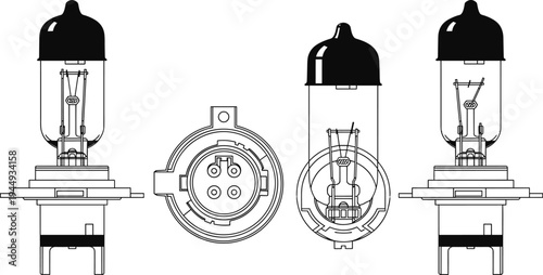 Technical vector illustration of automotive halogen headlight bulbs shown from multiple angles for car maintenance repair and vehicle lighting parts catalog