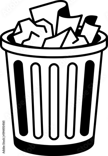 Waste basket or office trash can in one line art style. Drawing with editable black stroke on a white background.

