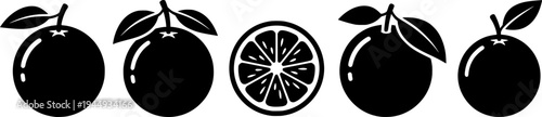 Orange icon. Citrus fruit with a leaf: black silhouette and outline lines, isolated on a white background.
