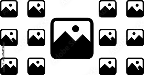Image icon. Landscape pictogram with mountains and sun in a square frame. Three variations of outline line styles of different thicknesses.
