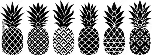 Simplified pineapple icon. Symbol of tropical fruit: black silhouette, outline lines, and dashed line. Five style variations.
