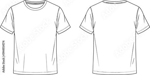 Technical Fashion Sketch of a Men's Basic Short Sleeve T-shirt Vector Illustration Featuring Front and Back View Blank Crew Neck Apparel Template for Design Tech Packs