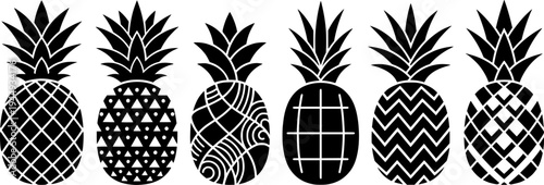 Simplified pineapple icon. Symbol of tropical fruit: black silhouette, outline lines, and dashed line. Five style variations.

