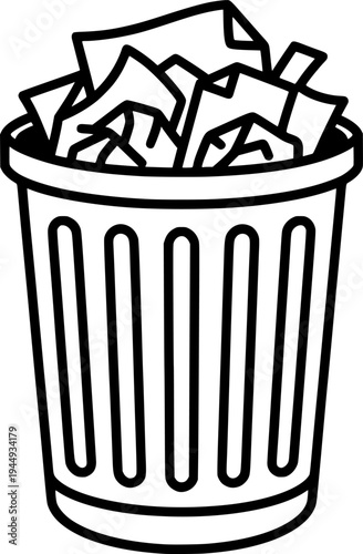 Waste basket or office trash can in one line art style. Drawing with editable black stroke on a white background.
