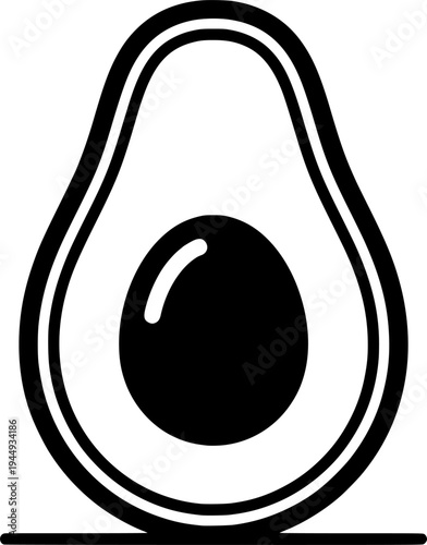 A half of a ripe avocado with a pit on a horizontal line. Drawing in one line art style with editable black stroke.
