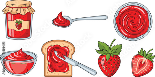 Strawberry Jam and Spread Collection Featuring Jar, Toast, Spoon, Fresh Strawberries, and Swirled Jam