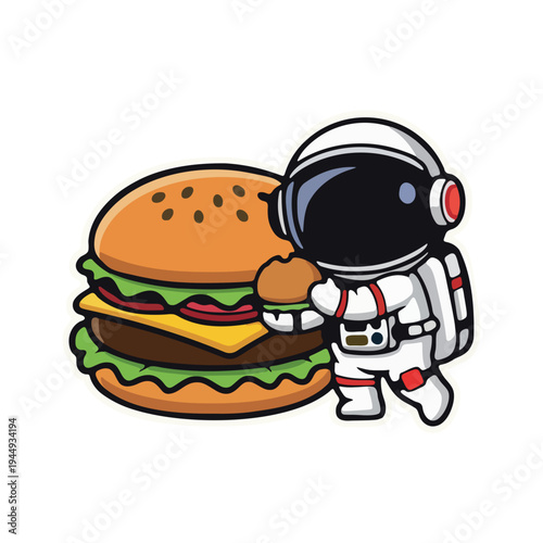 Cute Cartoon Astronaut Character Eating a Small Burger with a Giant Hamburger in the Background, Space Fast Food Vector Illustration