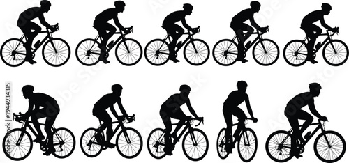 Vector illustration set of black cyclist silhouettes riding road bikes in various poses for sports competition fitness and outdoor cycling